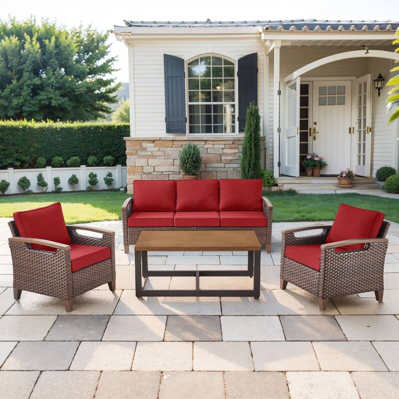 Pocassy Outdoor Patio Sofa Chair Ottoman Table Furniture Set - Red Cushion - 3-Seat Sofa with Club Chair Table Set