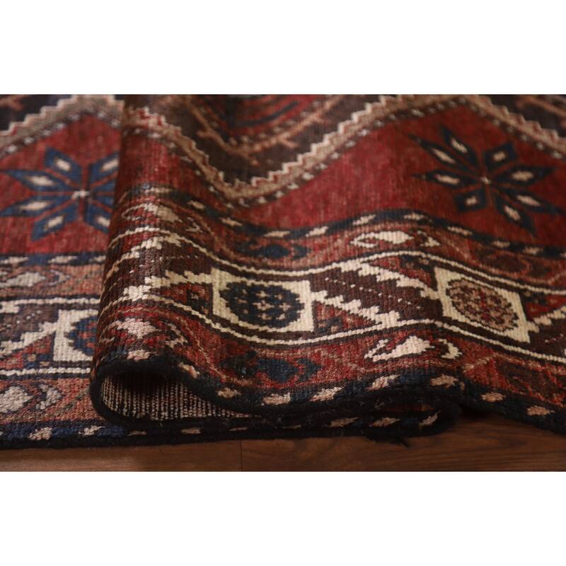 Hand Knotted Oriental 100% Wool Carpet Traditional Geometric Red Hamedan Runner Rug - 9' 10'' X 3' 8''