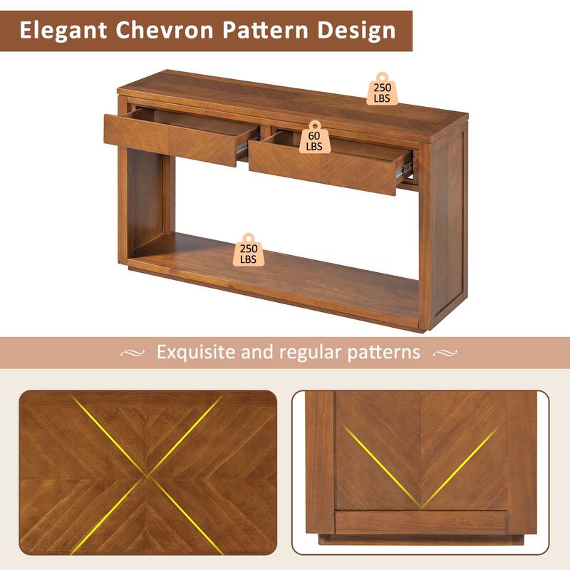 55" Console Table, Rustic Wooden Entryway Table Sofa Table with Storage Drawers and Open Storage Shelf, Hallway Tables Honey