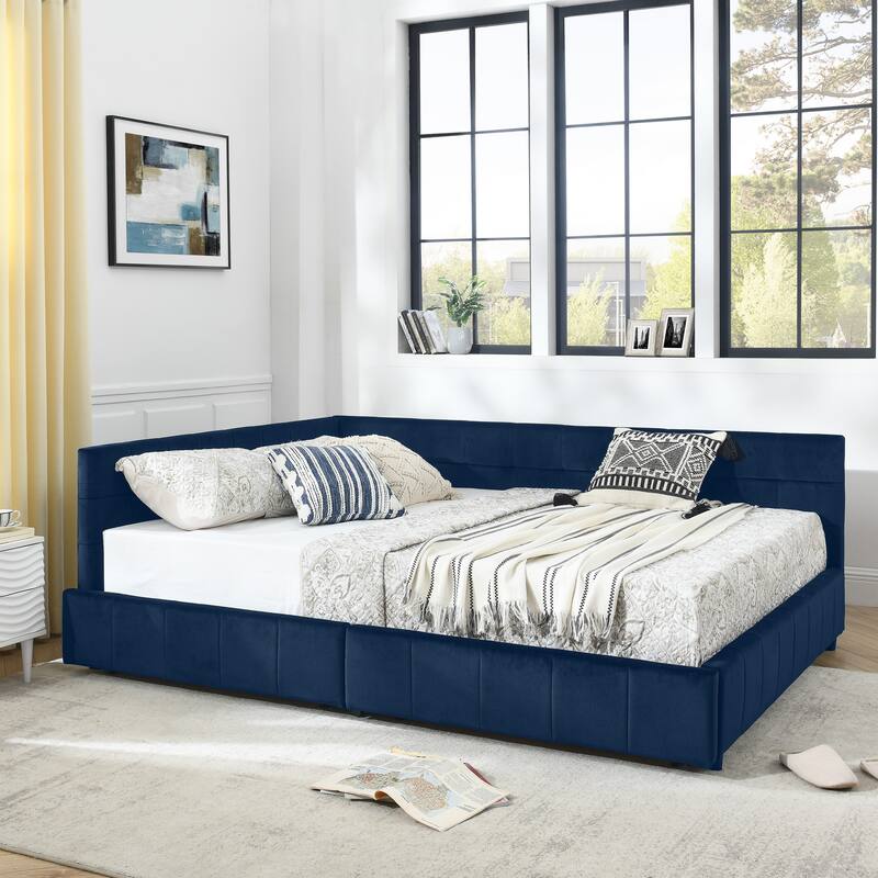 L-shaped Velvet Upholstered Daybed Tufted Sofa Bed with Soft Backrest Armrests - and Optional Corner Storage Day Bed