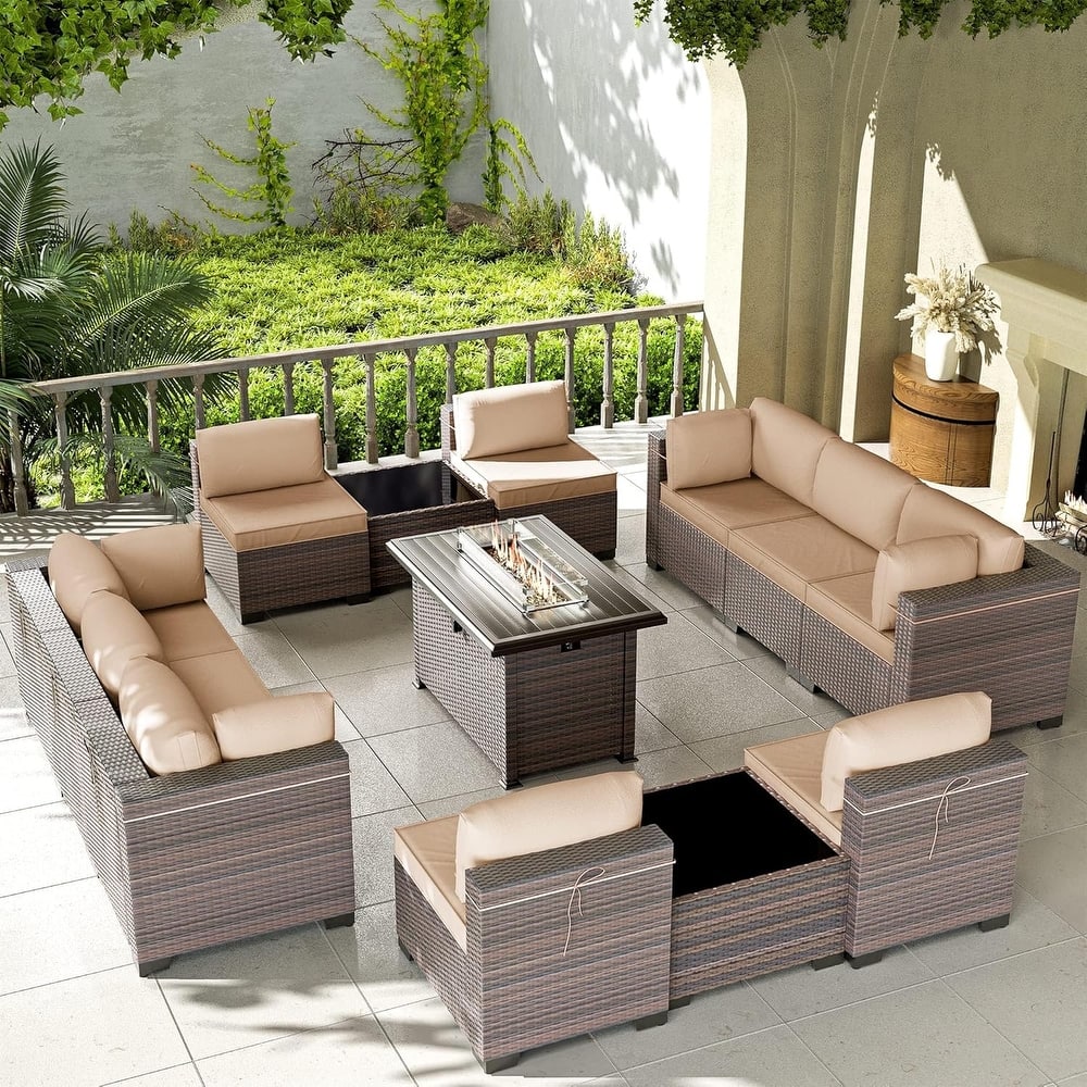 Patio Furniture Sets, Outdoor Wicker Sectional with Firepit Table Side Table for Cabinet Deck Balcony - 13-Pieces