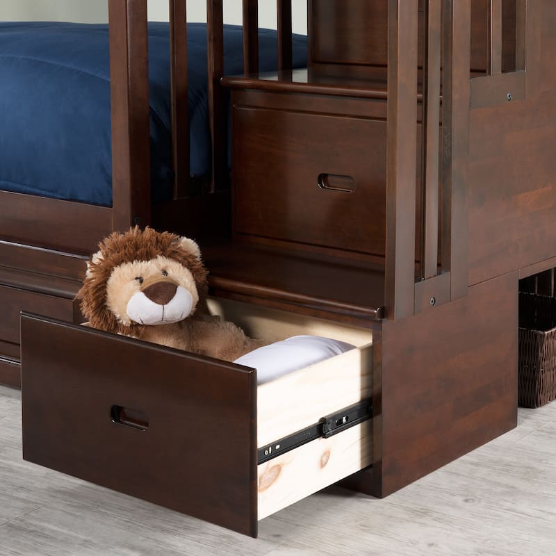 AFI Columbia Full over Full Size Staircase Bunk Bed with Bed Drawers & Charging Station in Walnut