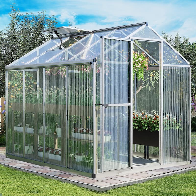 Aoodor 6' x 8' Polycarbonate Walk-in Greenhouse with Aluminum Frame and Roof Vent