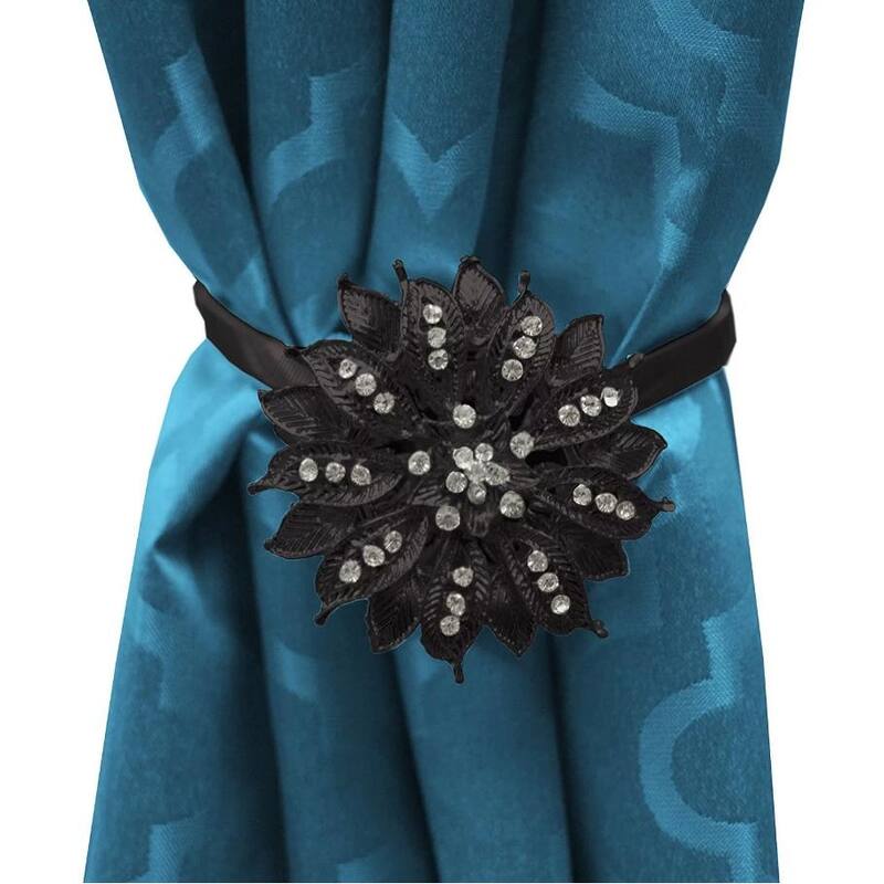 Yule Single Bling Diamond Floral Design Curtain Holdback Magnetic Clip Drapery Tieback - Black