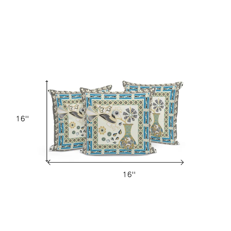 HomeRoots Set of Three 16" X 16" Green and Yellow Peacock Blown Seam Floral Indoor Outdoor Throw Pillow