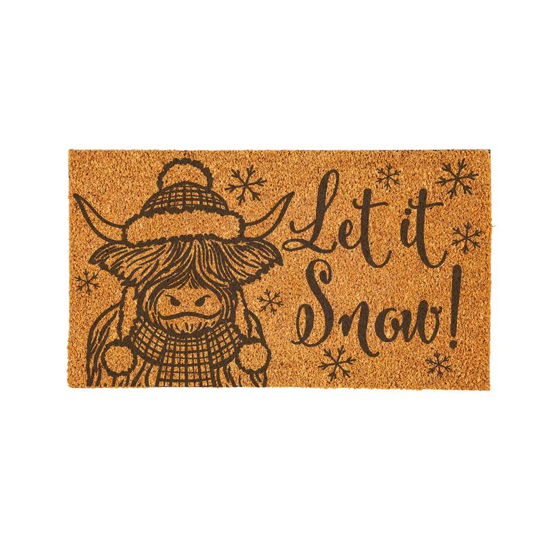 Holiday Highland Cow Coir Door Mat - "Let It Snow" - 28" x 16"