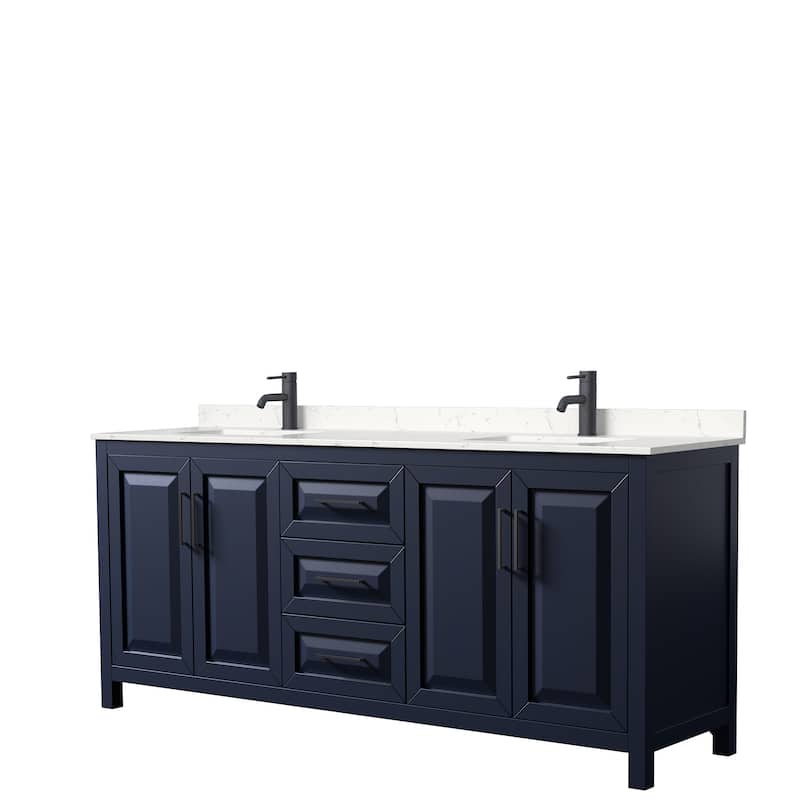 Daria 80 Inch Double Vanity, Cultured Marble Top - Dark Blue, Black Trim, Carrara Cultured Marble Top