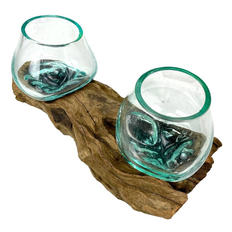 10.5" Double Molten Glass Bowls On Driftwood Hand Blown Planter