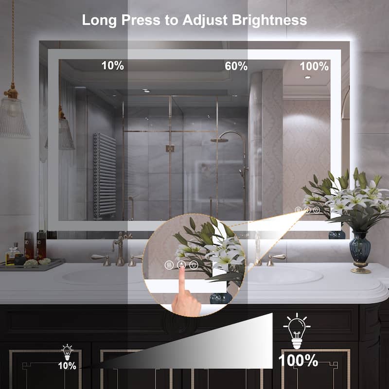 48 in. W x 32 in. H Rectangular Tempered Glass Frameless Anti-Fog Dimmable Wall Mounted Bathroom Vanity Mirror