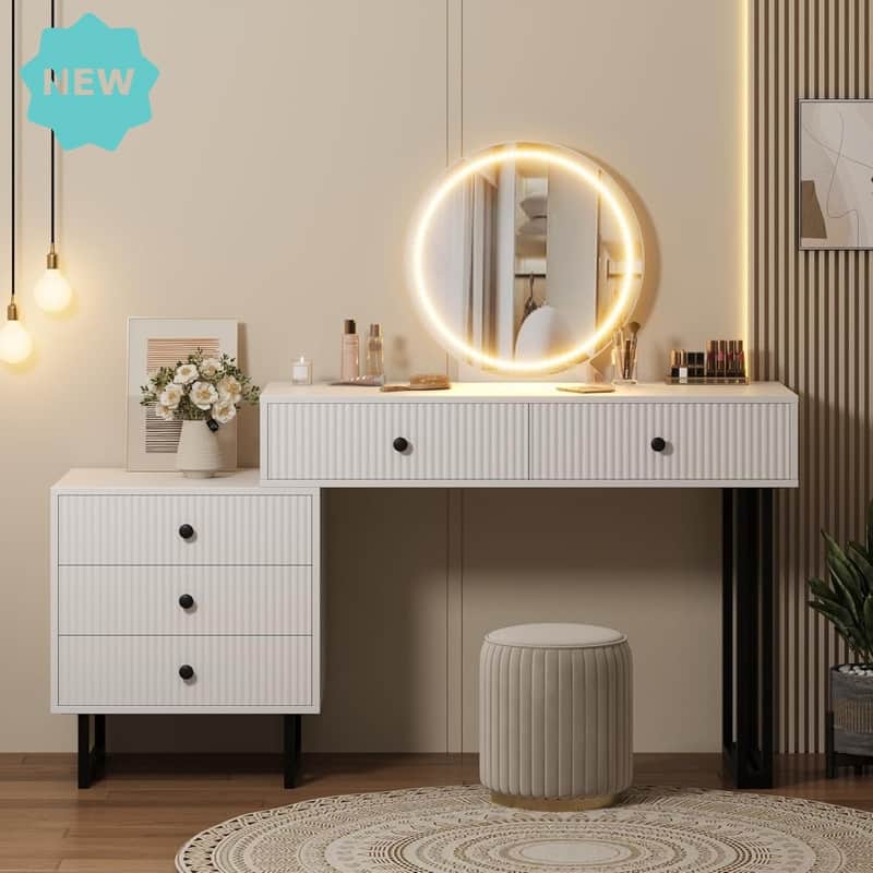 Modern Vanity Desk with LED Mirror, Adjustable Brightness Lights, 5 Drawers - White