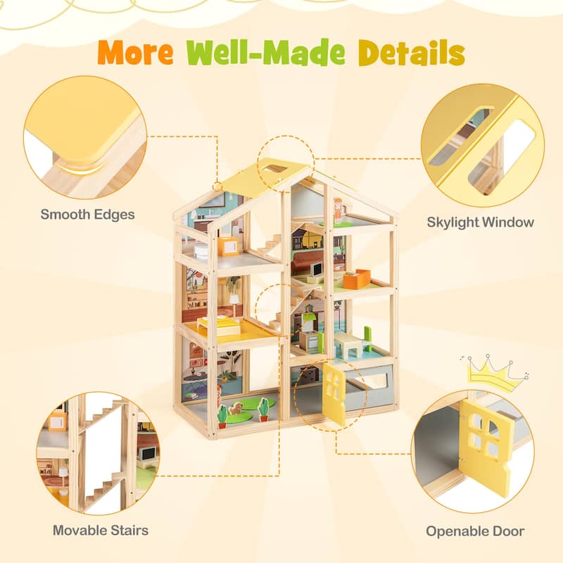 18 Furniture Pieces Children’s Wooden Dollhouse Playset with Kitchen Bedroom and Living Room - 24" x 12" x 29.5"