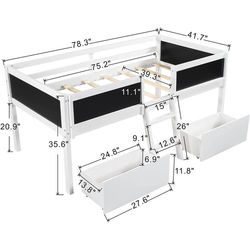 Twin Size Wood Loft Bed with 2 Storage Drawers & Chalkboard