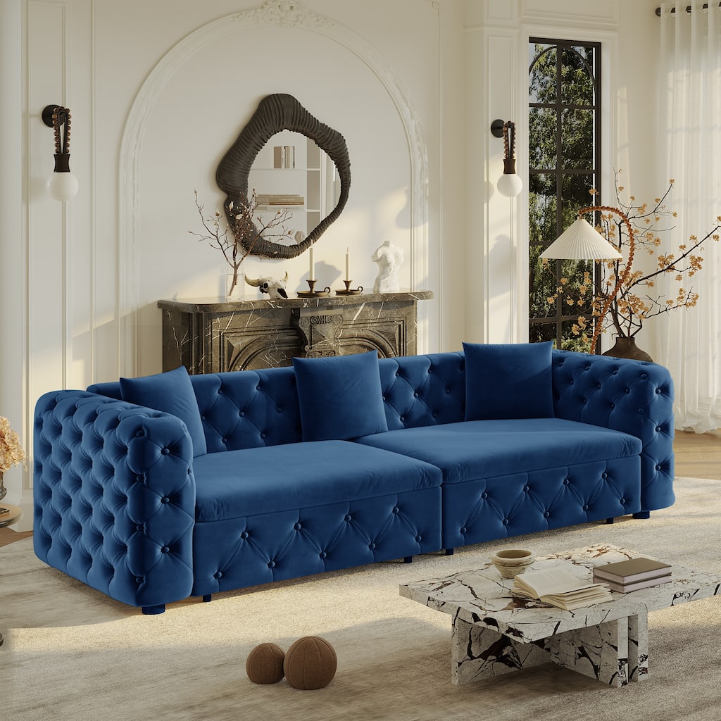 GDFStudio Cora 89" Velvet 3-in-1 Pull Out Sofa Bed, 4-Seater Tufted, Includes 3 Pillows, Metal Frame