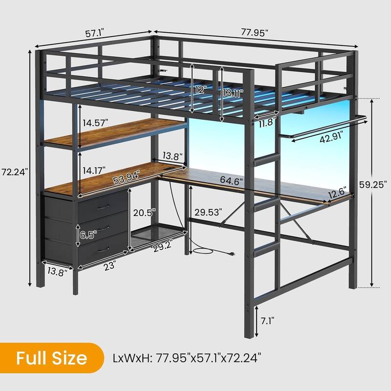 Loft Bed with L-Shaped Desk Charging Station Metal LED Lights 3 Fabric Drawers