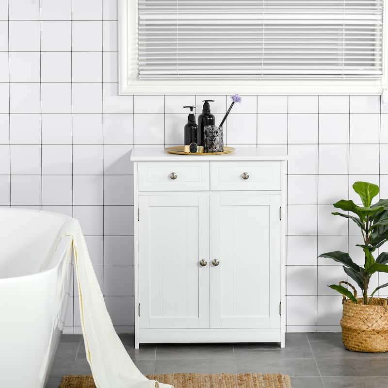 kleankin Freestanding Bathroom Storage Cabinet Organizer Floor Tower with 2 Door, 2 Drawers, Adjustable Shelf, White - White - Wood Finish