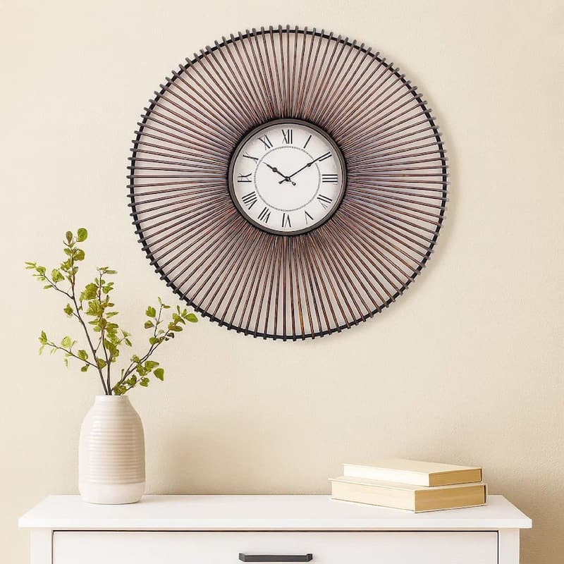 Wall Clock Set of 2 with Metal Fan Guard Design Frame, Brown