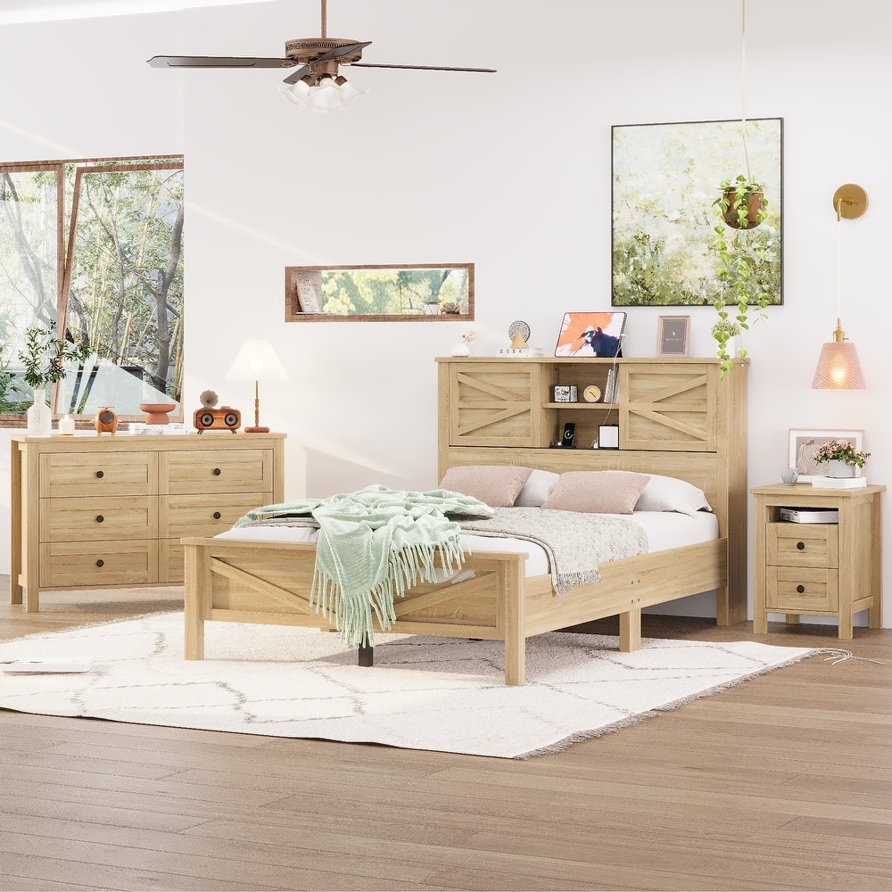 Rustic Platform Bed 3-Pieces Bedroom Sets with Storage Nightstand and Dresser, Wooden Platform Bed with Charging Station