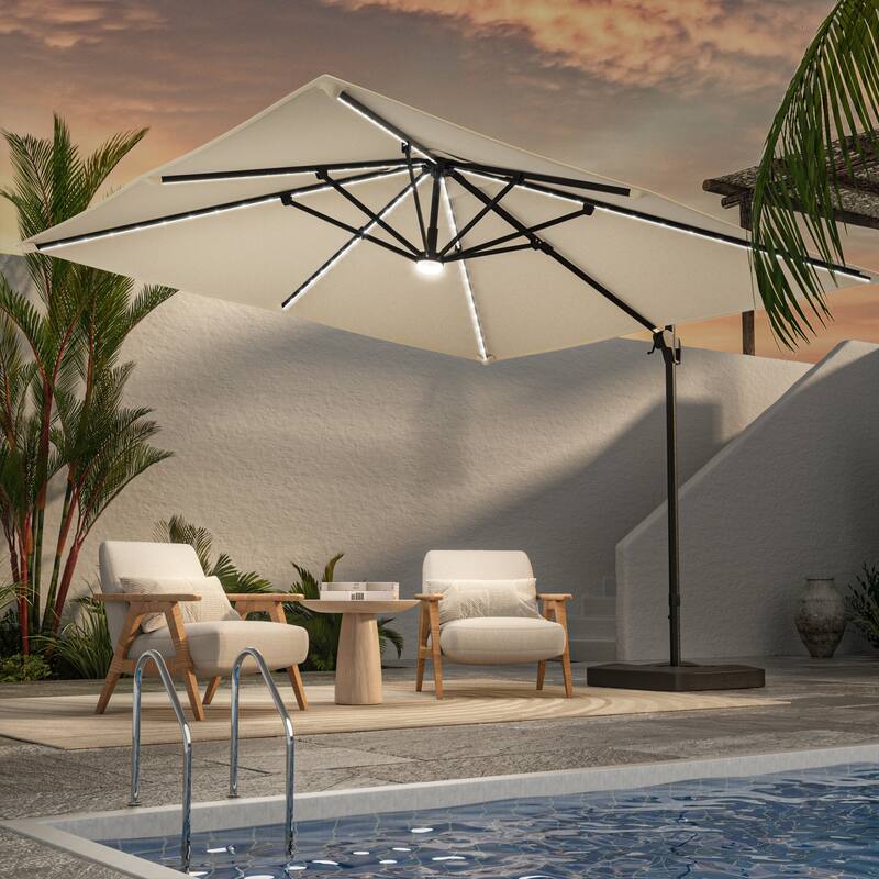 LIVOOSUN Patio10x10FT LED Aluminum Cantilever Umbrella Solution-Dyed Fabric w/Base - Sand