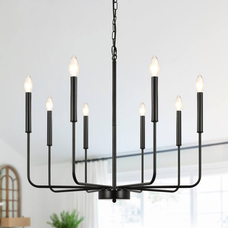 8-Light Modern Farmhouse Candle Chandelier for Kitchen Island Living Dining Room Bedroom - Black