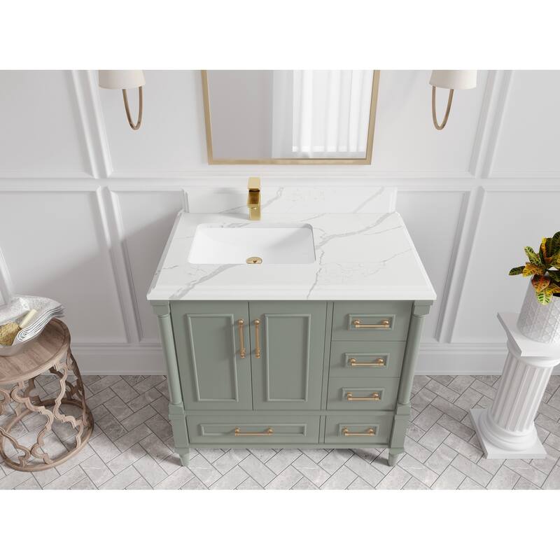 Willow Collections 36 in. W x 22 in. D Aberdeen Left Offset Sink Bathroom Vanity with Countertop - 1.5" Calacatta Laza - Evergreen