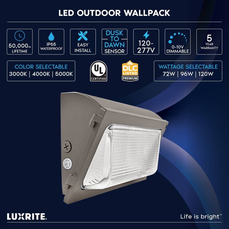 Luxrite Slim LED Wall Pack Light with Dusk to Dawn, 72W-120W Tunable, 16200LM, 3CCT 3000K-5000K, IP65, 120-277V (2 Pack)
