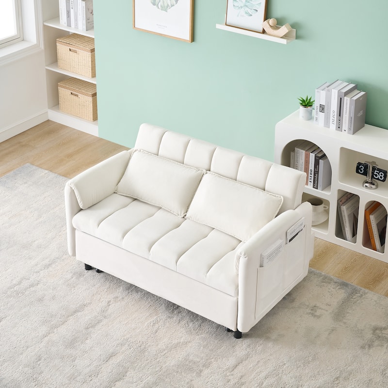 Modern Velvet Sofa, Sofa Pullout Bed, Small Love Seat Casual Sofa With Back, Pillow, Pockets, 3 In 1 Convertible Sleep Sofa Bed - Beige