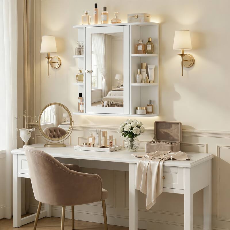 Bathroom Wall Storage Cabinet with Mirror, with Adjustable Wood Shelf & Doors, Mounted Storage Cabinets with 6 Open Shelves