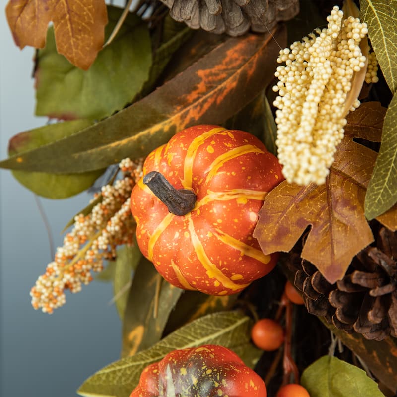 Glitzhome Fall Pumpkin Leaf Pine Cones Floral Swag Wreath Garland Thanksgiving Decor