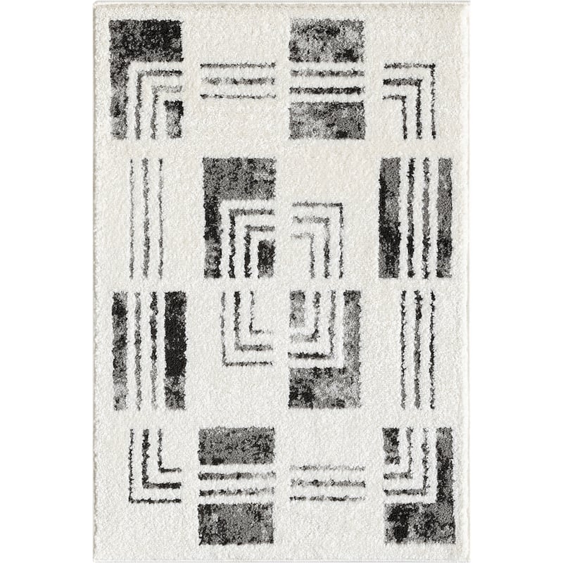 Abani Rugs Nomad Collection NOM140A Cream Grey Checkered Bordered Pattern Geometric Area Rug