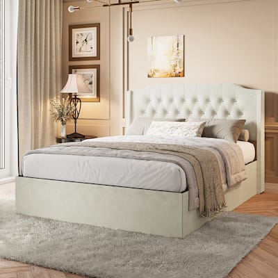 Crystal Button Accents Wingback Tufted Headboard Bed Frame, Platform Bed with Under-Bed Storage Space, Wood Low Profile Bed