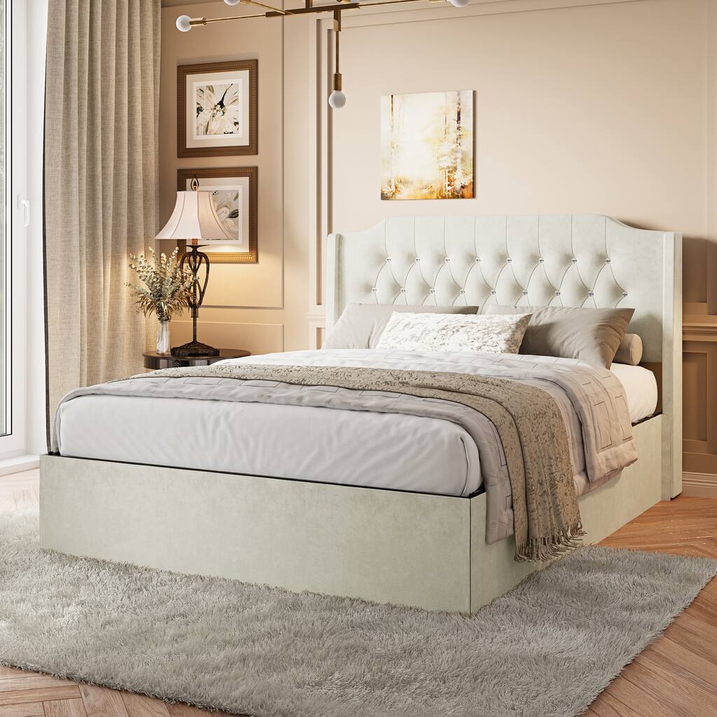 Crystal Button Accents Wingback Tufted Headboard Bed Frame, Platform Bed with Under-Bed Storage Space, Wood Low Profile Bed