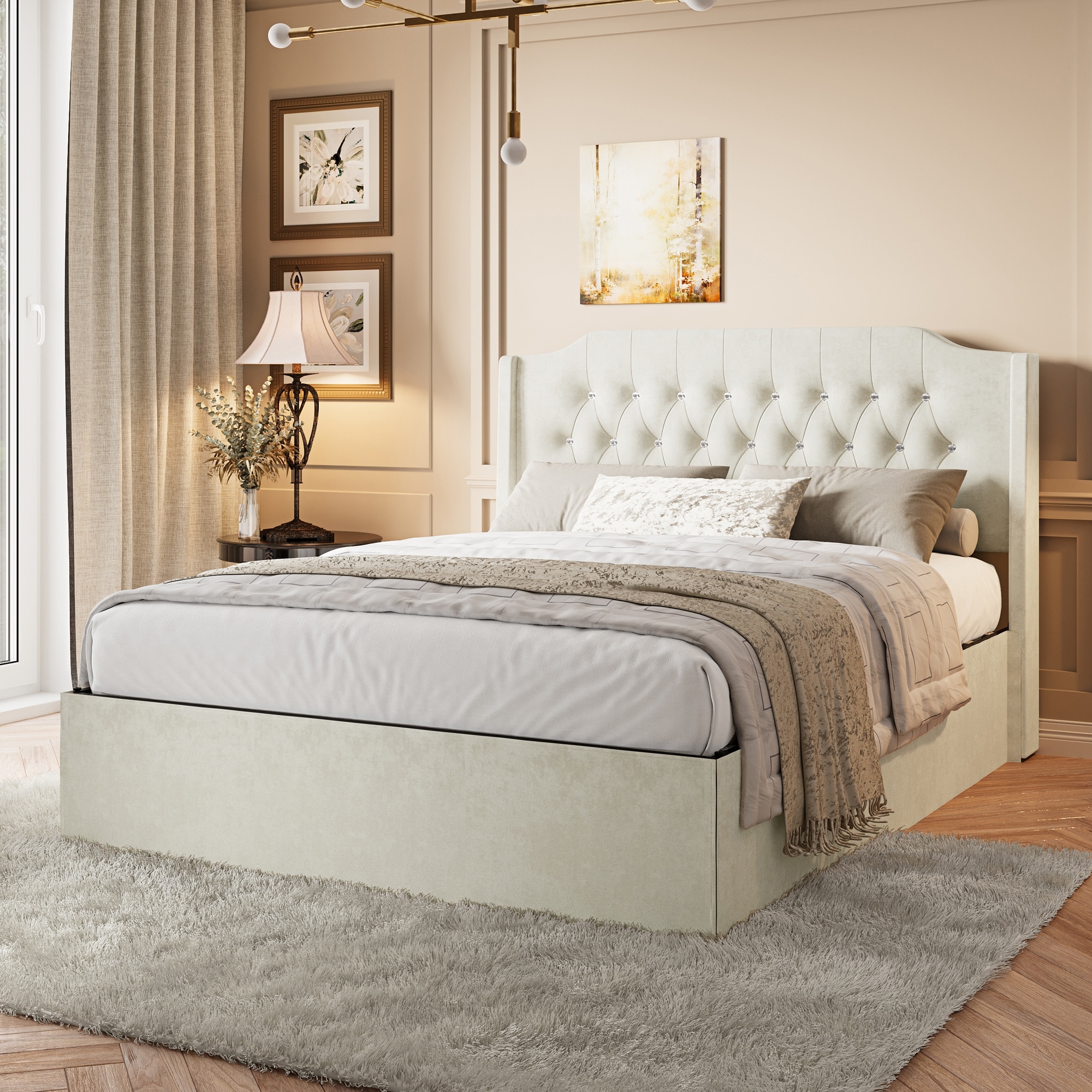 Queen Size Platform Bed with Wingback Headboard, Velvet Upholstered Bed Frame with Crystal Button Accents, Wood Slats Support