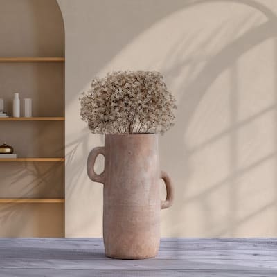 Cylindrical Sculpted Terracotta Vase - 12" - Brown