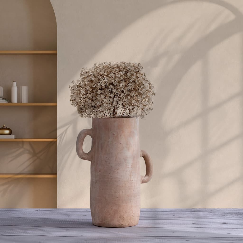 Cylindrical Sculpted Terracotta Vase - 12" - Brown