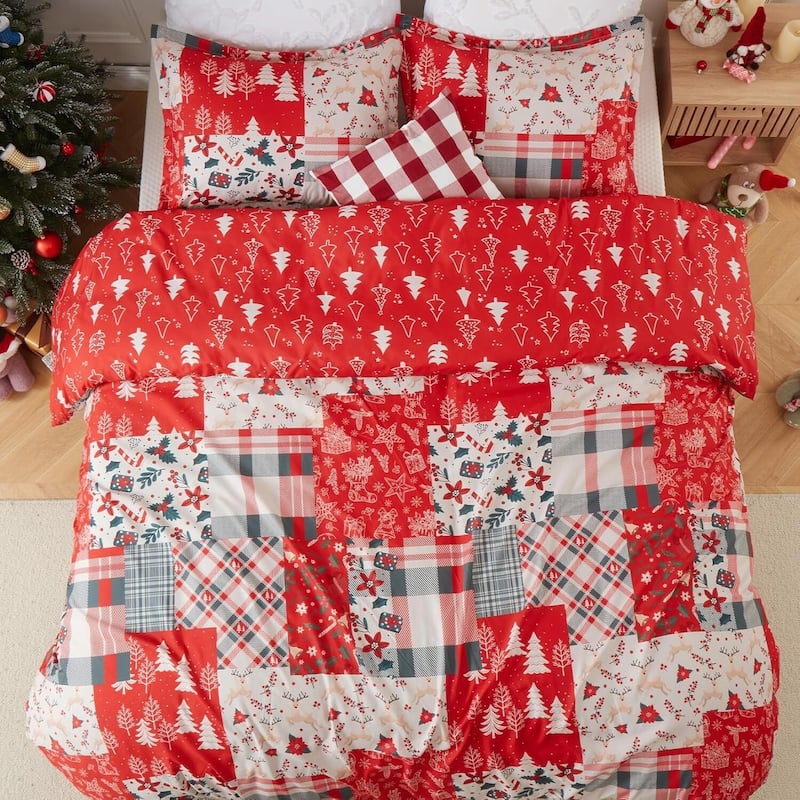 Christmas Holiday Patchwork Duvet Cover and Pillow Shams Set, Bedding Set