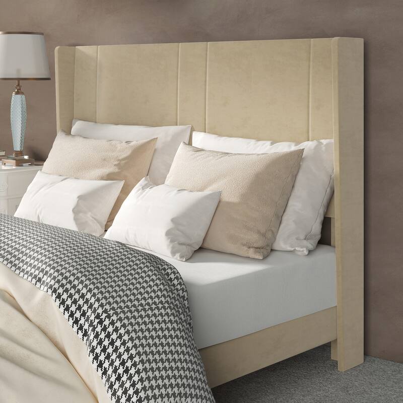Queen Upholstered Bed Frame with Beige Velvet Headboard and Wingback