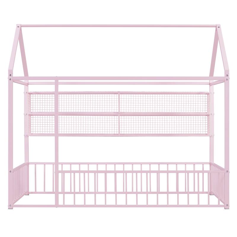 Full Size Metal House Bed Frame with Built-In Grid Shelves, Playful Canopy Design and Space-Saving Storage