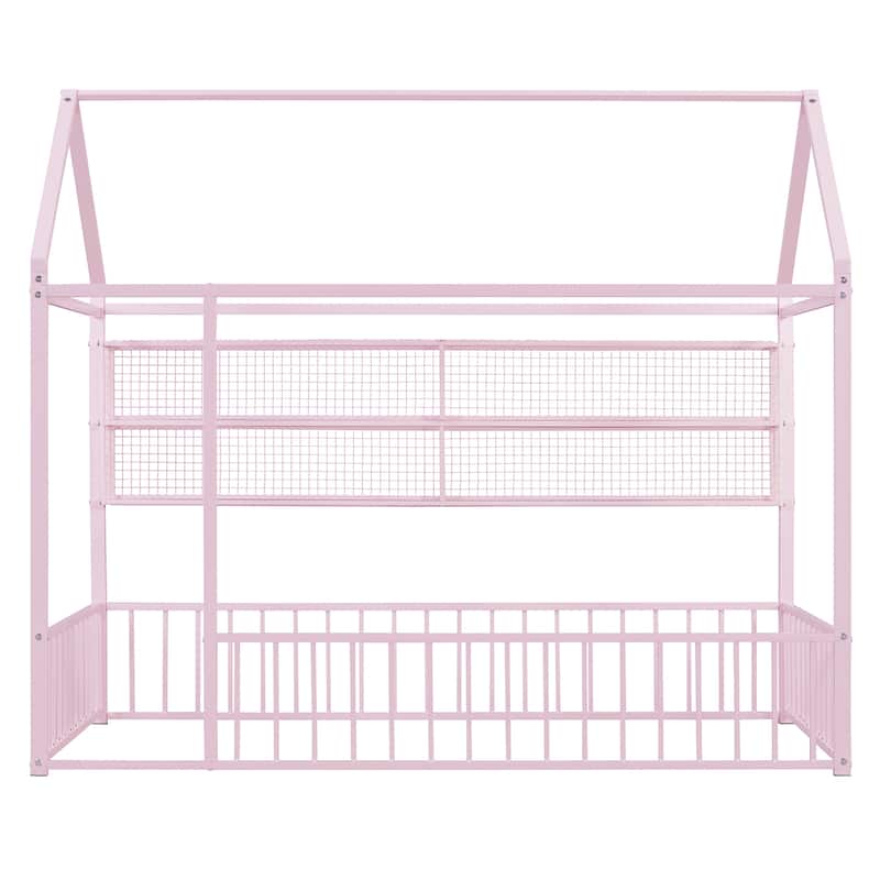 Twin Metal House Bed Frame with Storage Shelves & Fence