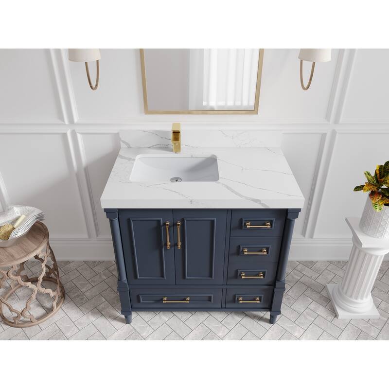 Willow Collections 36 in. W x 22 in. D Aberdeen Left Offset Sink Bathroom Vanity with Countertop - 2" Calacatta Laza - Hale Navy Blue