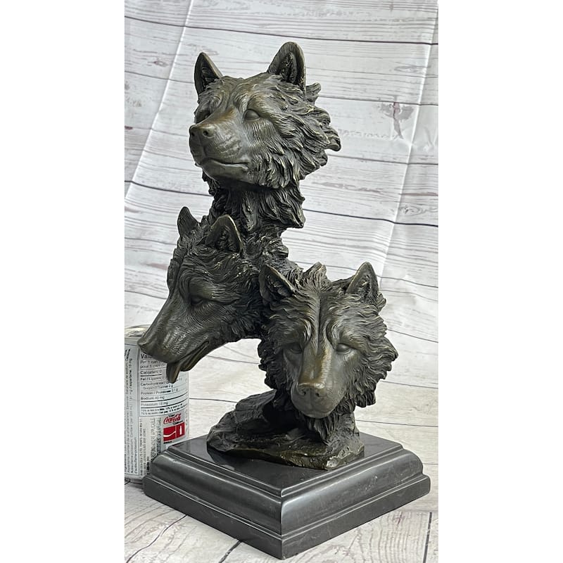 Three Wolves Heads Bronze Wolf Bust Sculpture Statue Decor On Marble Base 14 Inches X 8 Inches