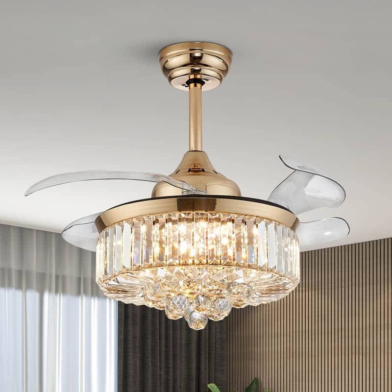 48 in. Indoor Modern Ceiling Fan with Light Gold Retractable Crystal Chandelier Fan with Remote for Kitchen Living Room