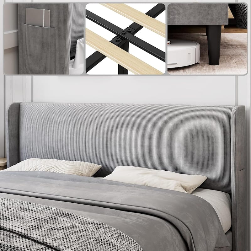 Platform Bed Frame with Upholstered Wingback Headboard