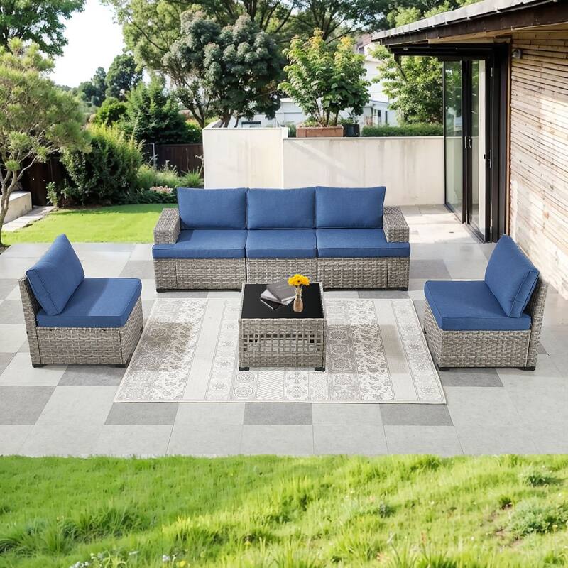 Pocassy Outdoor Sectional Sofa Patio Furniture Sets with Thickened Cushions - Blue Cushion - Sofa with Coffee Table Combination 3