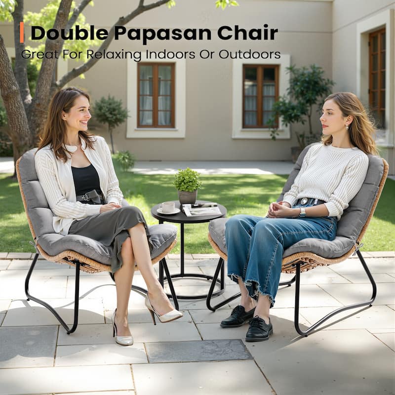 2-Piece Papasan PE Rattan Chair with Cushion For Indoor Outdoor