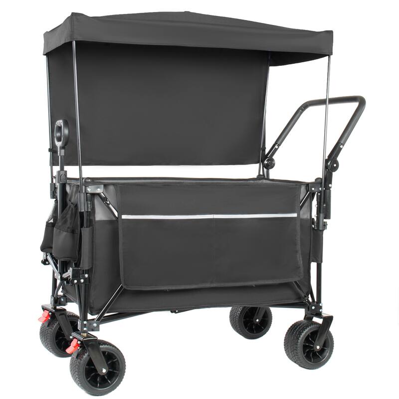 Multi-Functional Push-Pull Folding Wagon Cart with Rotating Handle & Canopy,7"x4"All-Terrain Wheels & Brakes,300L Large Capacity - Grey/Black