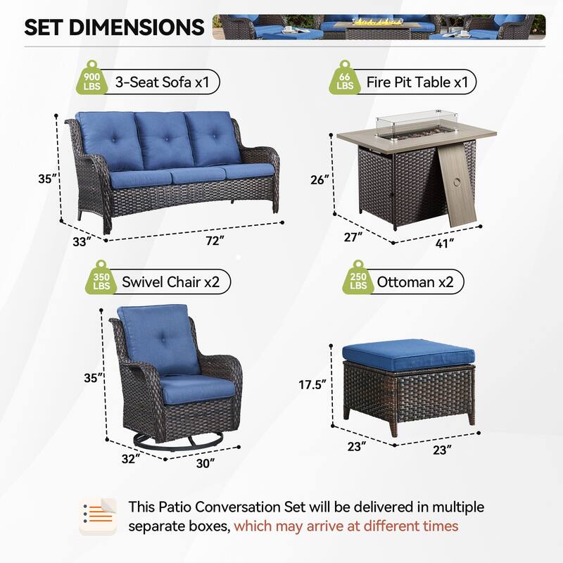 Gymojoy 6-Piece Outdoor Furniture Sofa Set with 2 Swivel Chairs, 2 Ottomans & 55K BTU Fire Pit Table