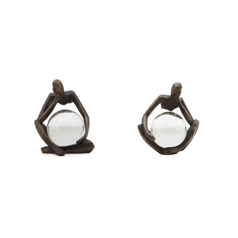Sagebrook Home 8" Aracar Bronze Statuary With Cyrstal Sphere, Set of 2 - 7" x 6" x 8"