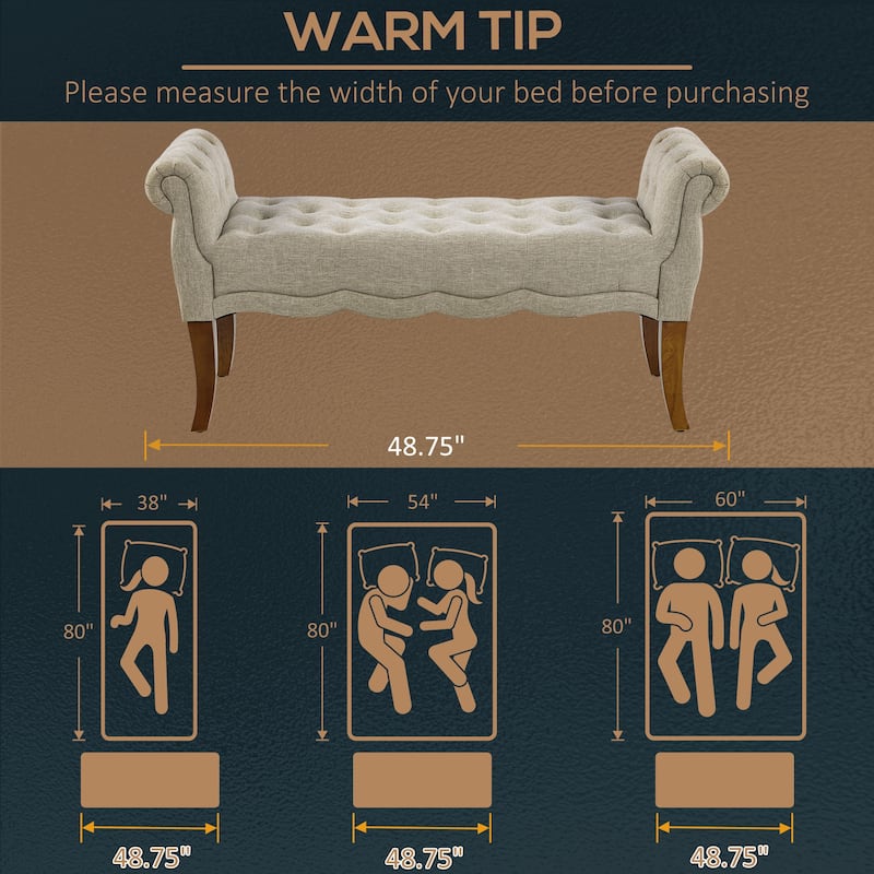 Beige and Brown Upholstered Linen Bench with Button Tufting and Foam Cushion for Entryway - 48.75'' W x 16.5'' D x 24.25'' H