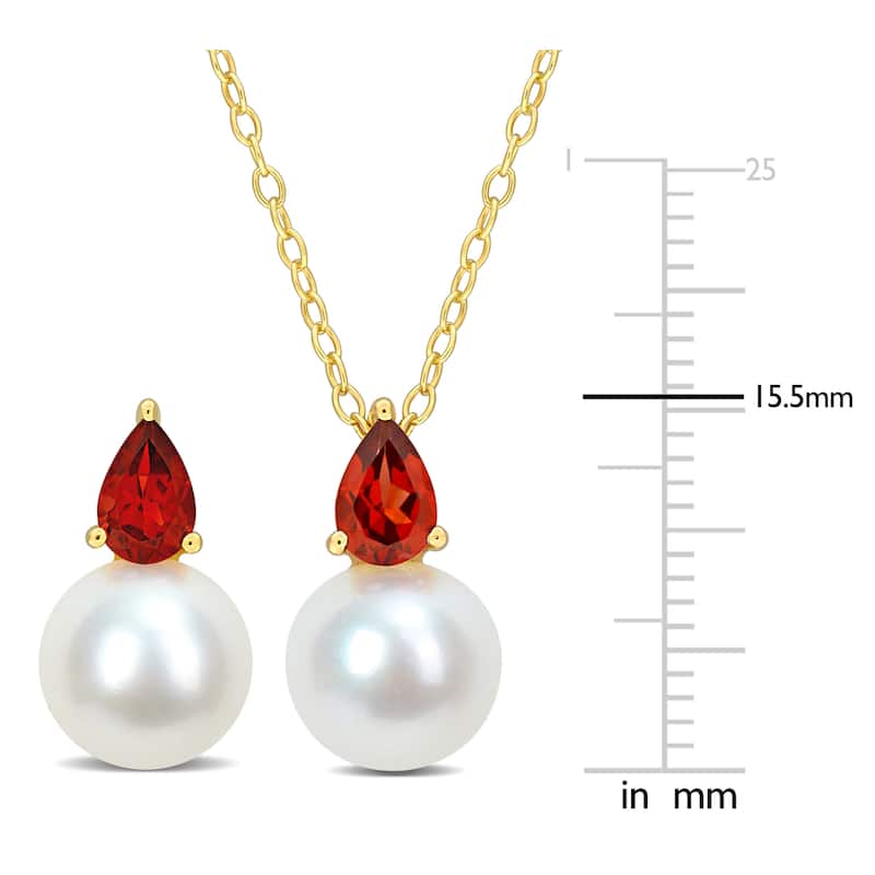 Miadora Cultured Freshwater Pearl 1 1/2ct TGW Garnet Pendant Chain Earrings Set Yellow Silver