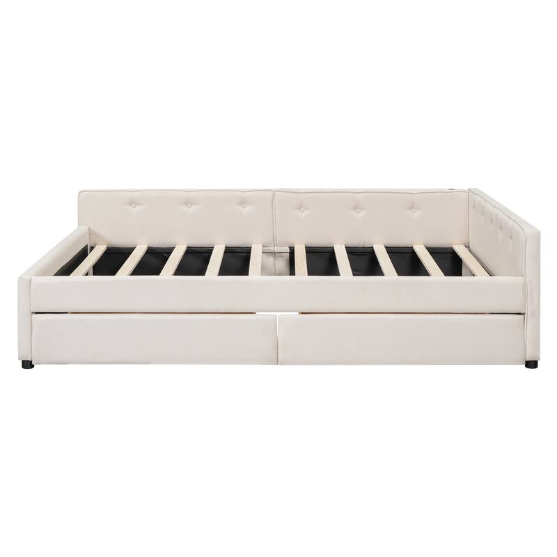 Queen Size Upholstered Platform Bed with USB Ports and Storage Drawers, Beige